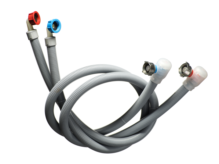 Hot (Red) And Cold (Blue) Washing Machine Water Supply Hoses. Gray Plastic Corrugated Hose For Flood Prevention And Stopping Leaks. Connects To All Washing Machine Brands.