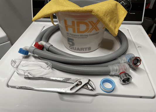 Washing machine hose installation guide, parts, and tools.