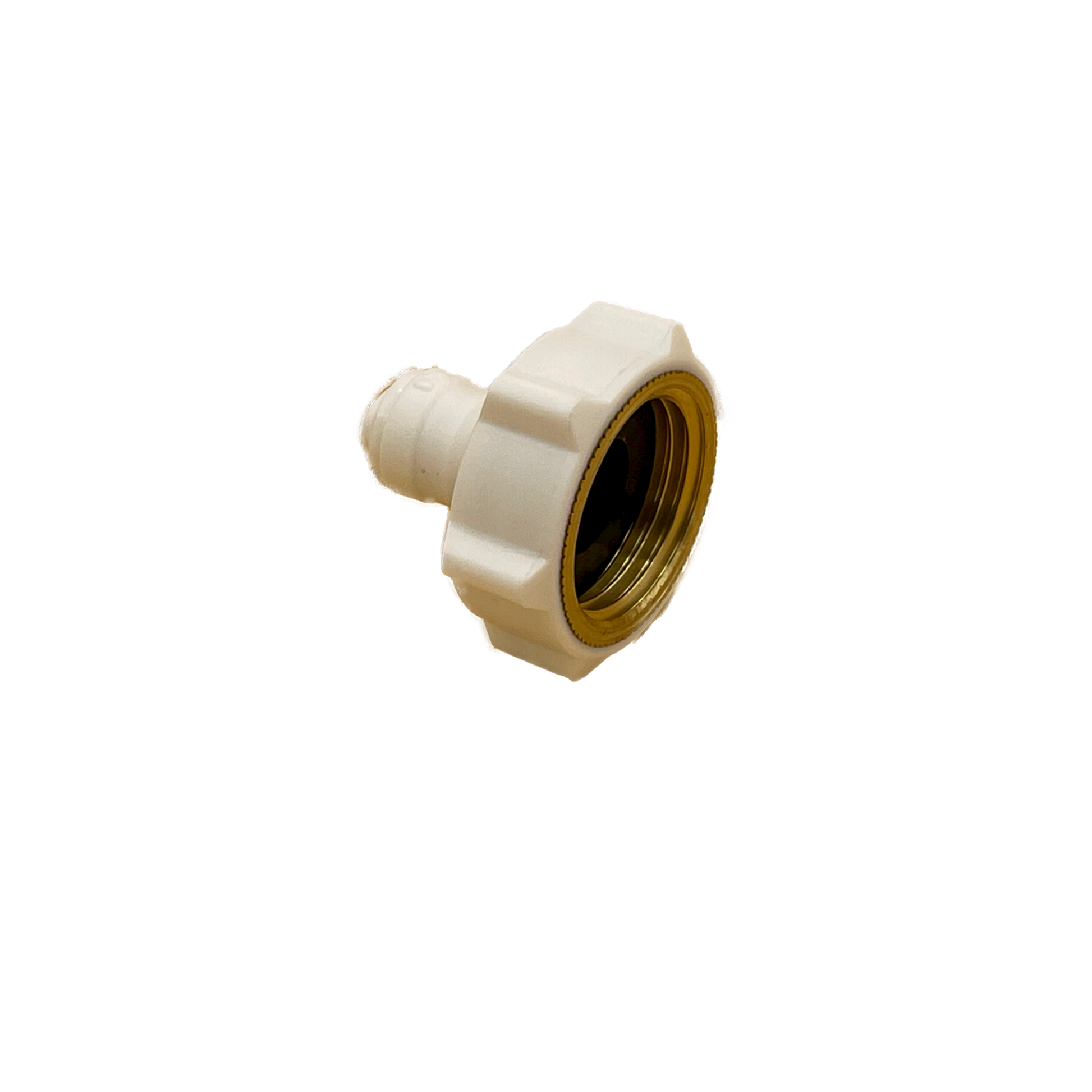 1/4" Quick connect by 3/4" garden hose thread specialty plumbing fitting. This fitting is used for connecting water supply lines to coffee machines, equipment, beverage dispensing, and vending machine applications. DMfit AFAN0409FW