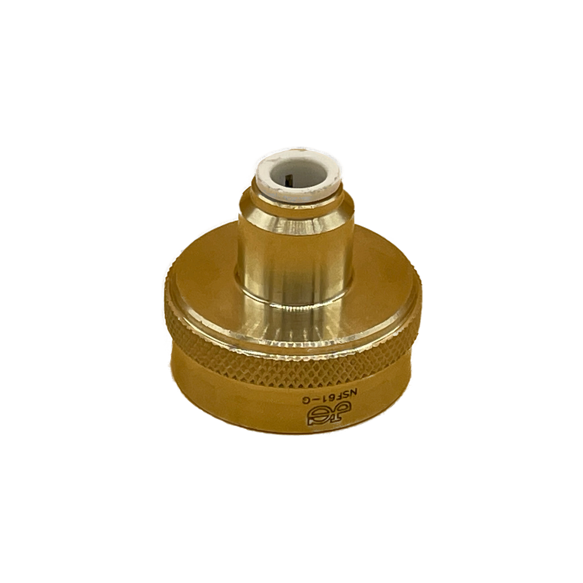 1/4" Push fit x 3/4" garden hose thread adapter fitting. Connects 1/4" supply lines to appliances or other 3/4" inlet connections. John Guest fitting SKU NC2098LF-US