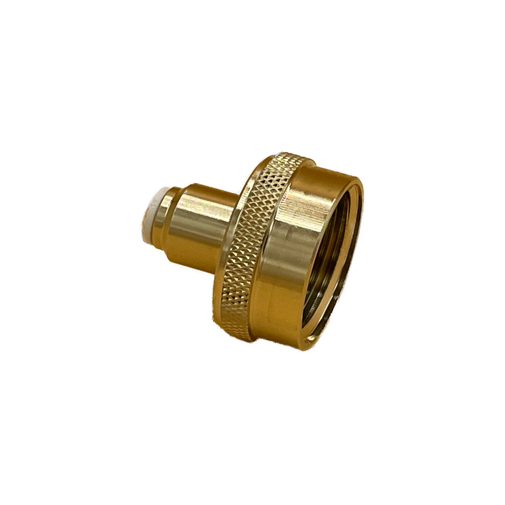 1/4" Push fit x 3/4" garden hose thread adapter fitting. This fitting is used for connecting the 1/4 inch cold water supply line to coffee machines, vending machines, beverage equipment, and other applications. John Guest fitting SKU NC2098LF-US