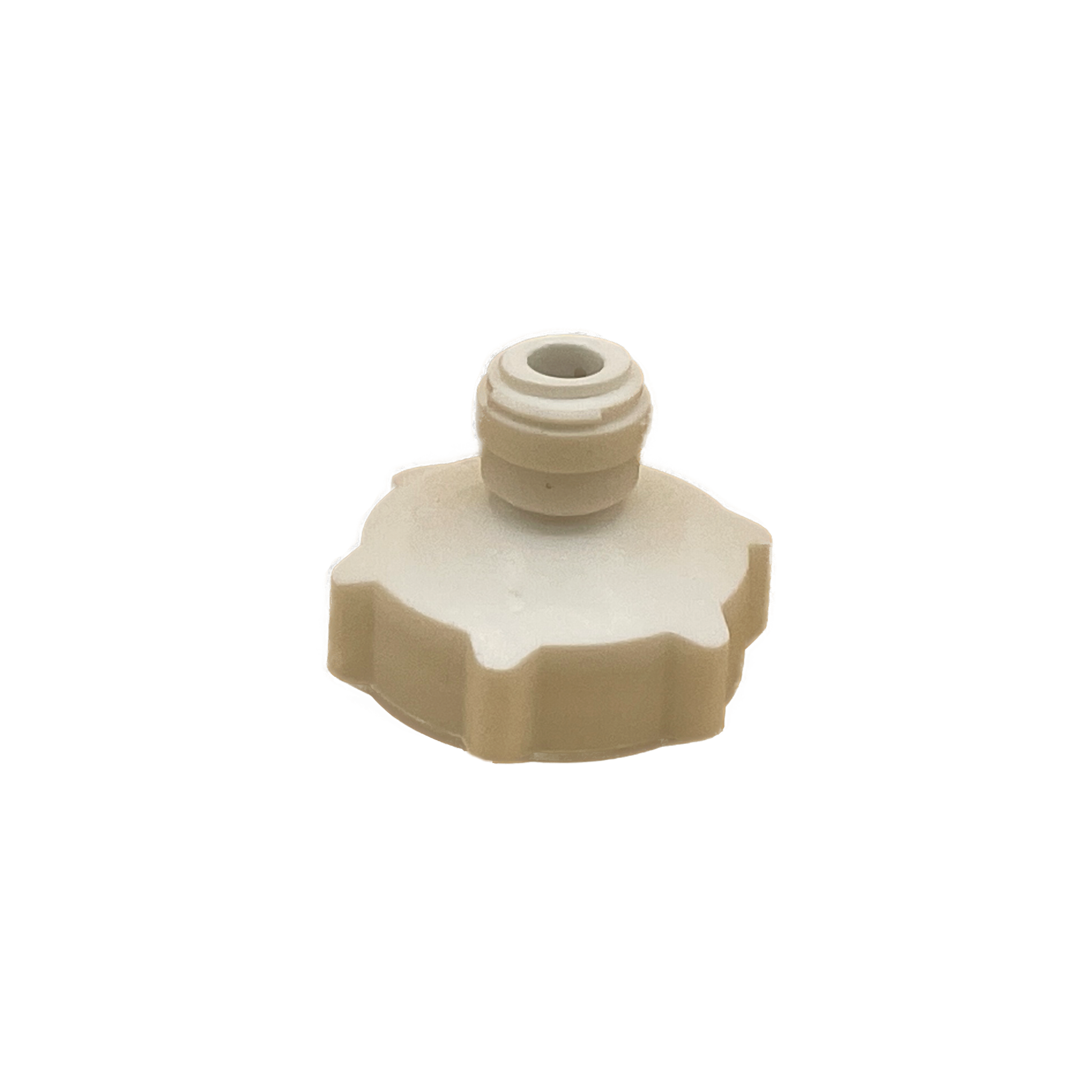 1/4" Quick connect by 3/4" garden hose thread specialty plumbing fitting. White, hard molded plastic, and brass threading. For plumbing applications using 1/4" supply lines or tubing. Push fit technology for quick and easy connections.