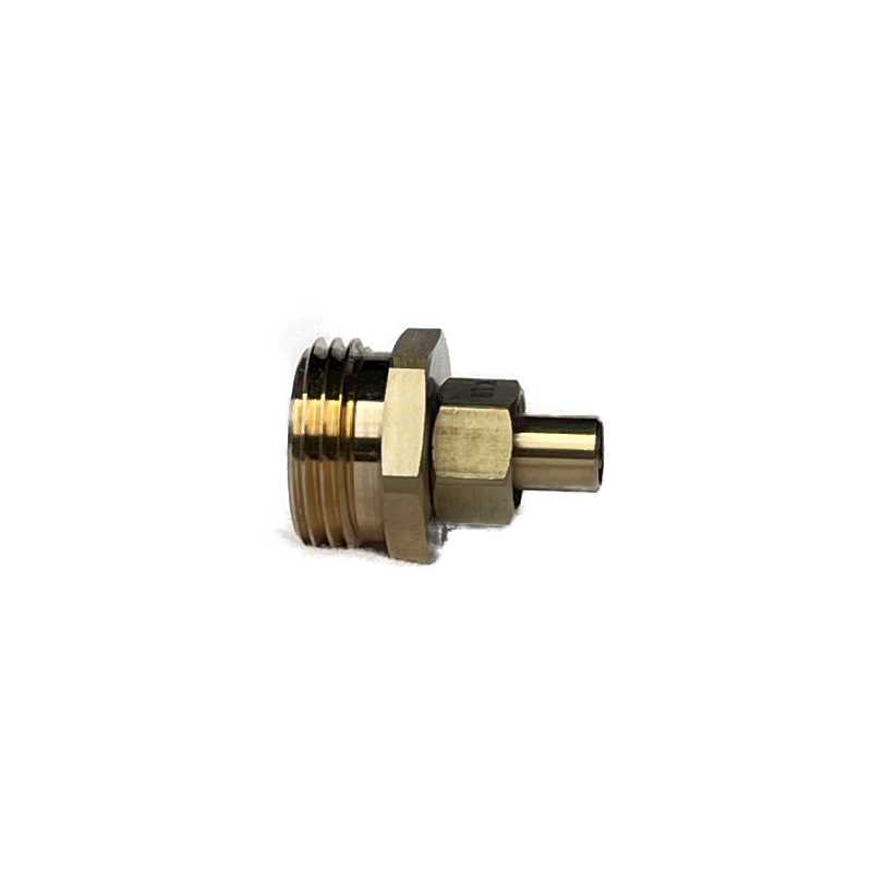 This image shows a 3/8" straight pipe male to 3/4" male GHT brass fitting. The fitting is made of brass and has a male thread on both ends. It is also equipped with a 3/8" compression nut and a 3/8" ferrule. The compression nut is used to tighten the fitting onto the pipe. The ferrule is a washer that helps to seal the connection between the fitting and the pipe.