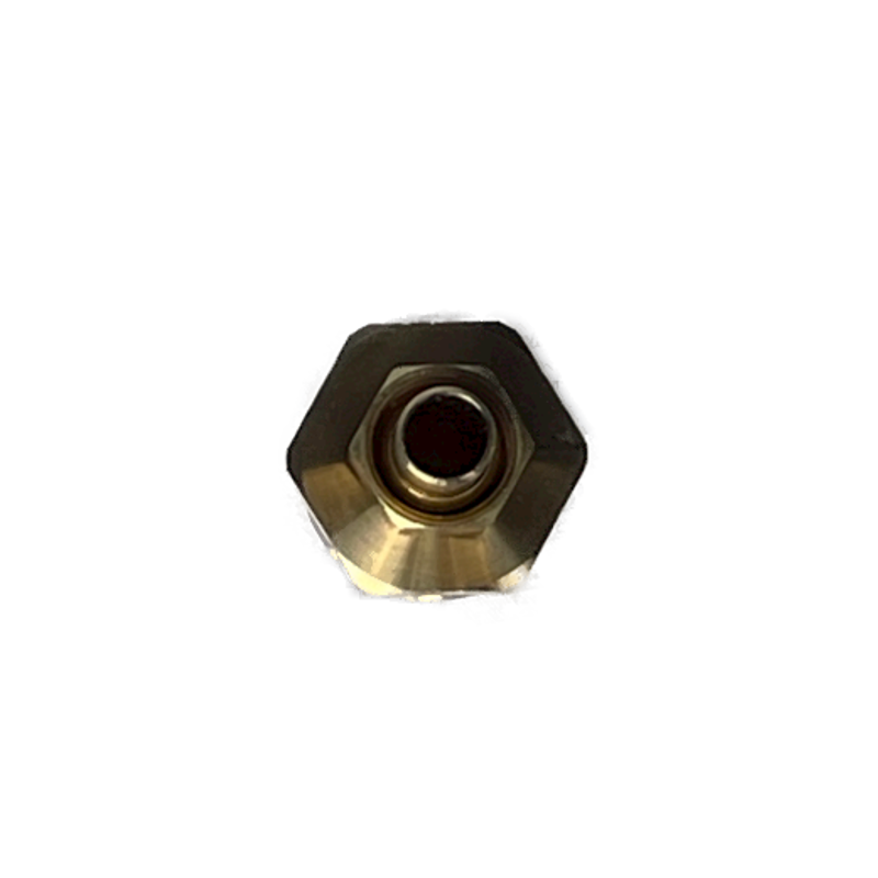 This image shows a 3/8" straight pipe male to 3/4" male GHT brass fitting. The fitting is made of brass and has a 3/8" male pipe thread on one end and a 3/4" male GHT thread on the other end. The fitting is also equipped with a 3/8" compression nut and a 3/8" ferrule. Specialty fitting for plumbing applications.