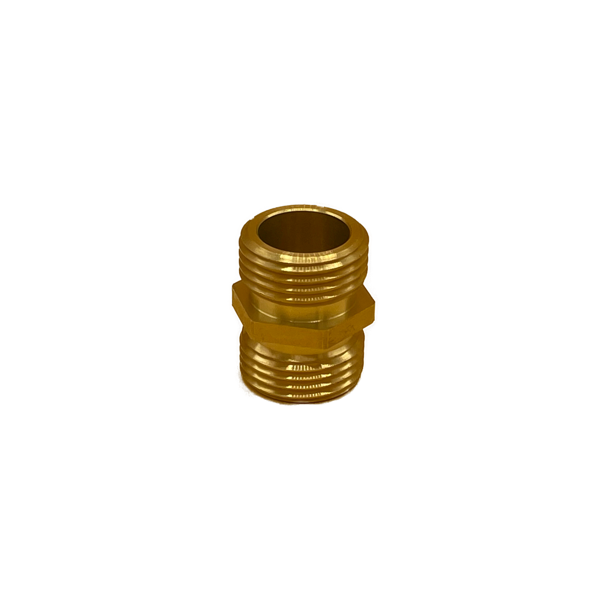 3/4" MGHT x 3/4" MGHT brass adapter fitting. Dual threaded male garden hose thread sides. Hex nut in the middle for easy tightening. Extends plumbing hoses and systems.