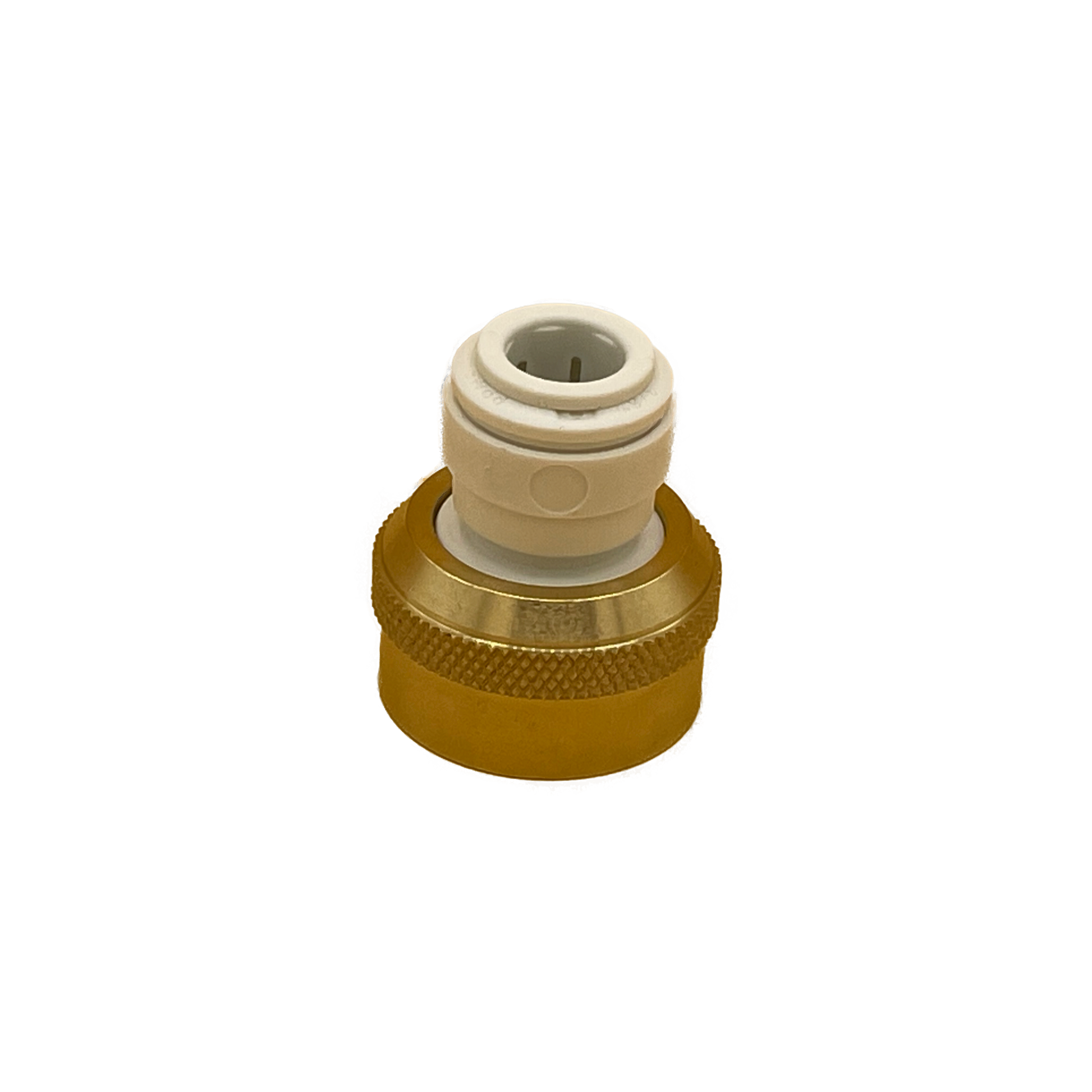 3/4 inch FGHT x 3/8 inch brass fitting for quick connections and easy plumbing installations. Rubber washer. Connects plastic and copper water lines to intended application or hose. John Guest.