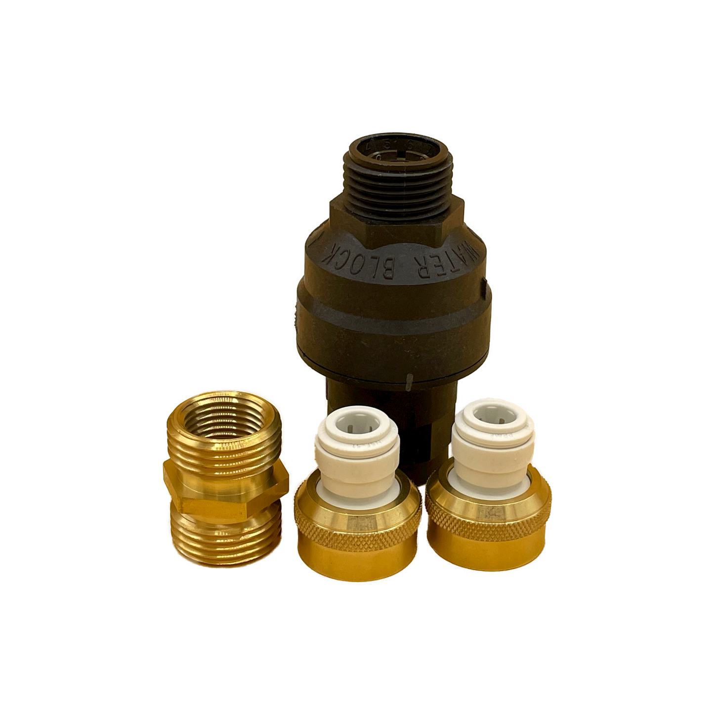 Individual pieces of Water Block and 3/8" fittings. Flood stop technology.