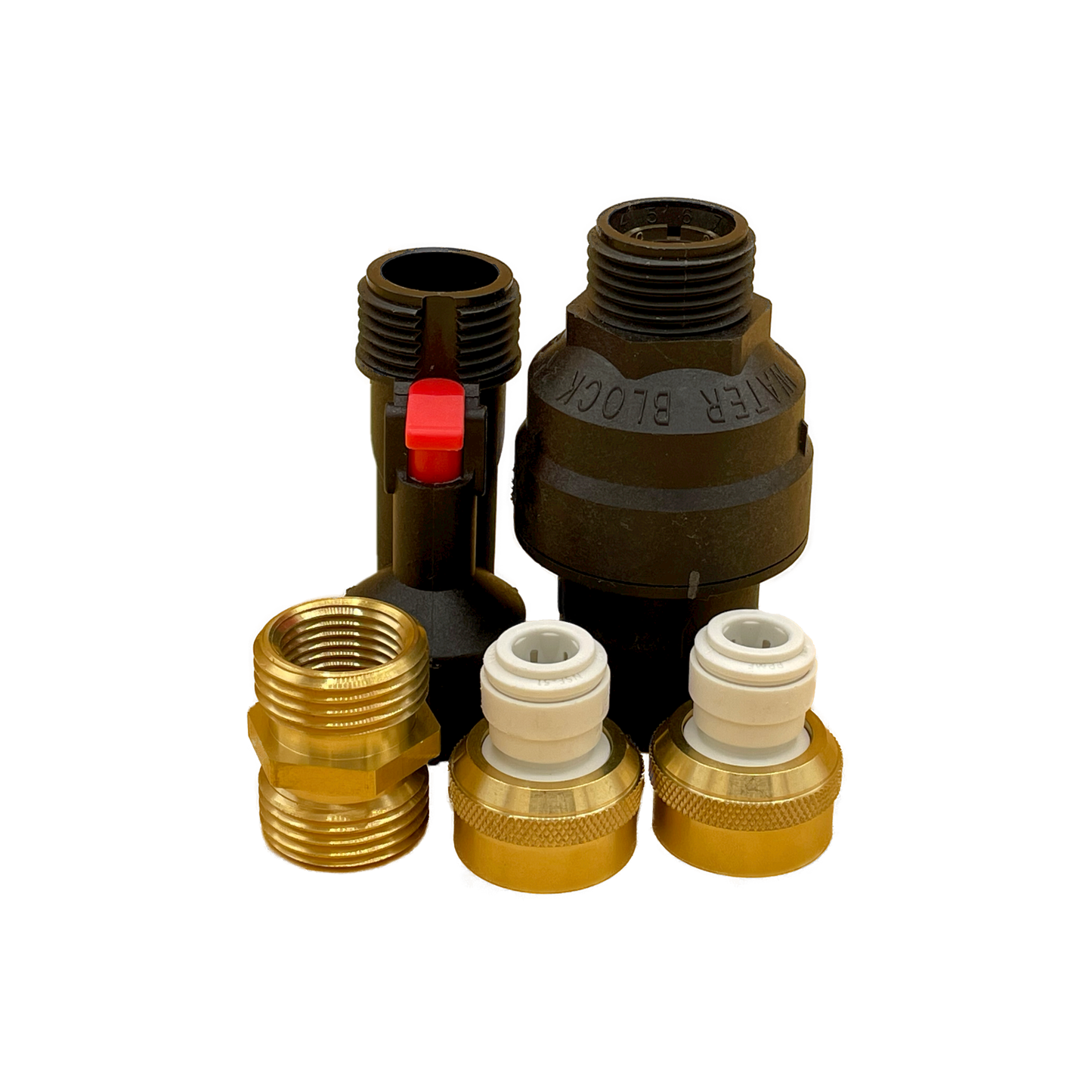 3/8" Water leak shutoff & flood prevention kit. Water Block, Reset Device, & 3/8" brass fittings. Specialty connection plumbing parts.
