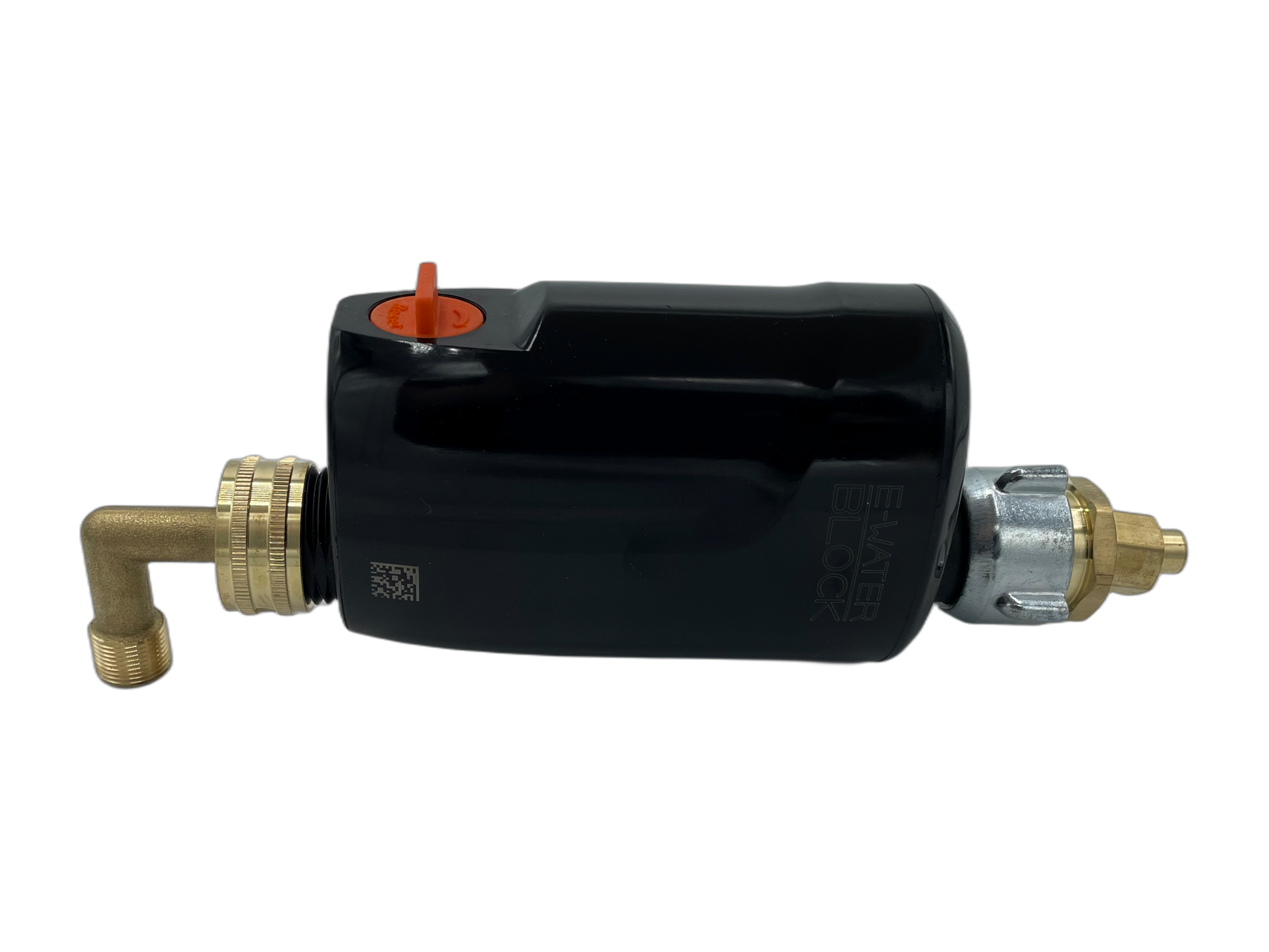 E-WaterBlock for toilet. Vertical installation brass fittings. E-WaterBlock, elbow fitting, and stem pipe fitting.