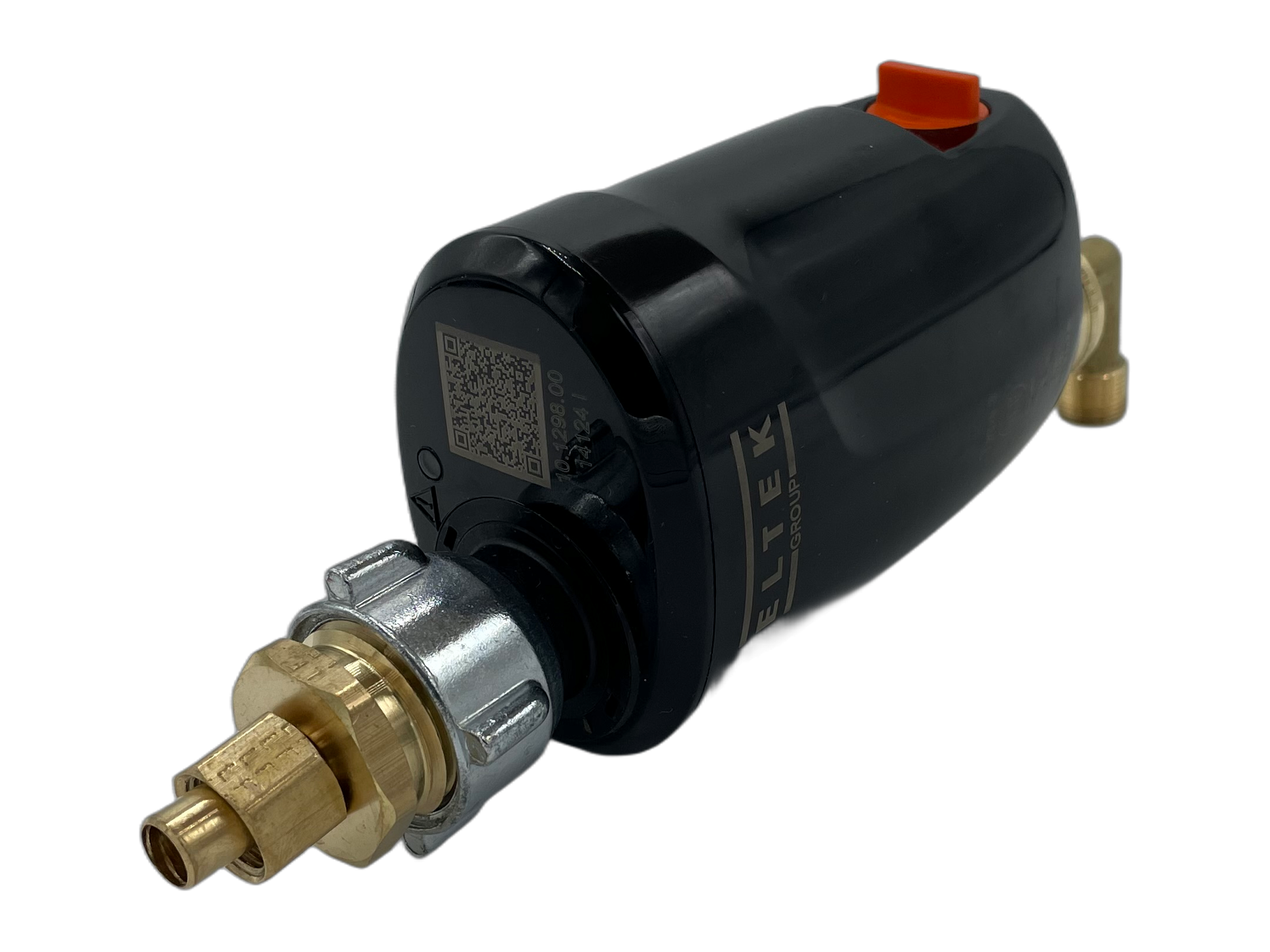 E-WaterBlock toilet shutoff kit for vertical toilet installation. Fittings installed on device. Electronic water monitoring device.