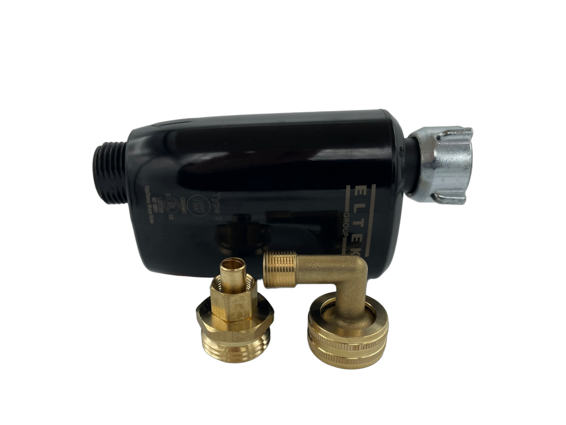 E-WaterBlock device with 3/8" stem pipe brass adapter fitting, and brass 3/8" dishwasher elbow.