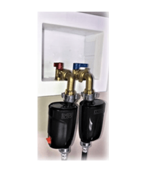 E-waterblock electronic water management and control tool. Water consumption data. Connected to washing machine supply hoses. Leak and flood shutoff valve.