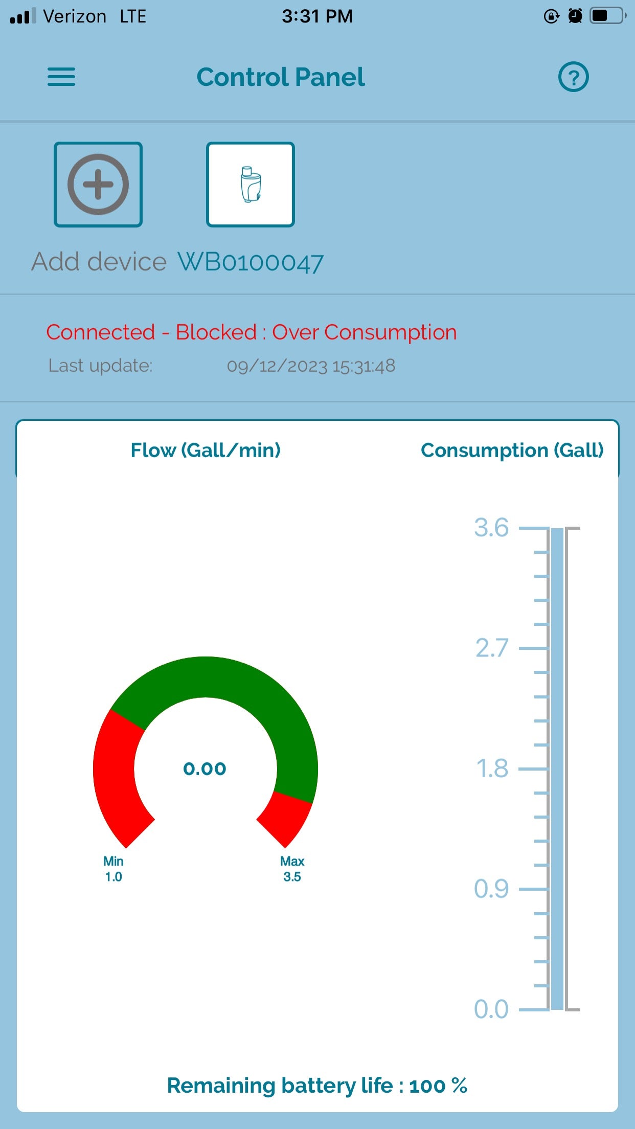 Eltek E-WaterBlock control panel displaying consumption exceeding normal operating limits. Notification reads: "Blocked – Over Consumption."