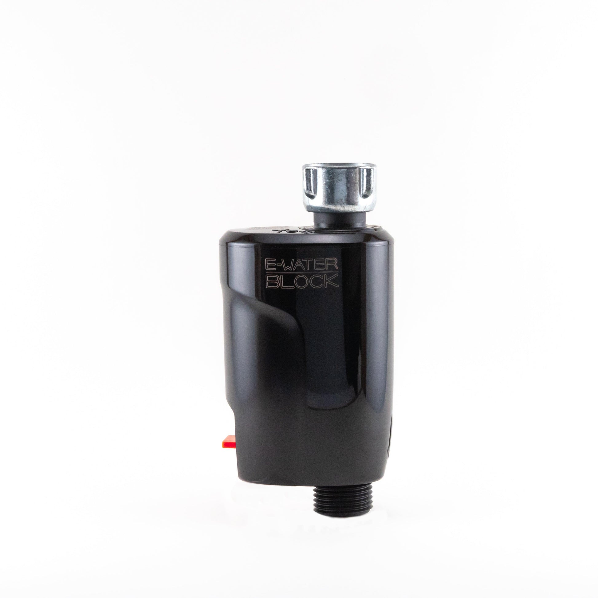 Black E-WATERBLOCK With Chrome Connection. Garden Hose Connection Water Management & Conservation Technology.