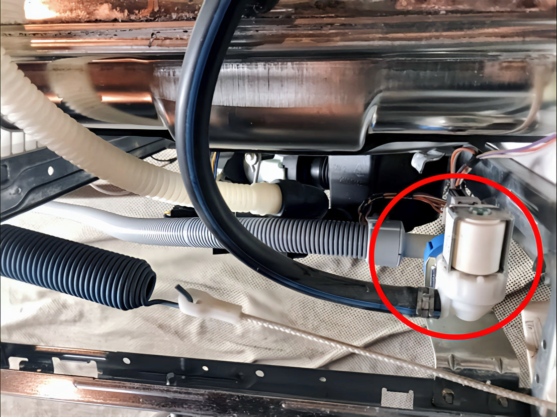 Flood Prevention Hose connected to a dishwasher's inlet water valve with a 3/4" GHT connection. Designed to prevent water damage by stopping leaks caused by line bursts.