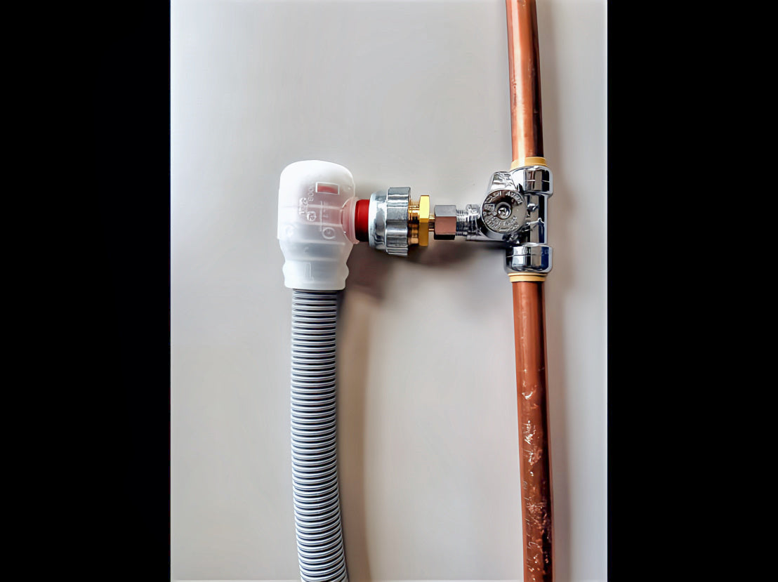 Close-up of the Dishwasher Flood Prevention Hose head connected to a water supply stop tee valve. Designed for easy adaptation with a 3/4" x 3/8" straight pipe adapter fitting for a secure connection.