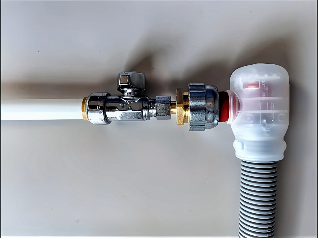 Dishwasher Flood Prevention Hose head connected to a straight water supply stop valve. Easily adapts with a 3/4" x 3/8" straight pipe adapter fitting for a secure connection. Features an integrated water shutoff in the event of a leak in the hose.