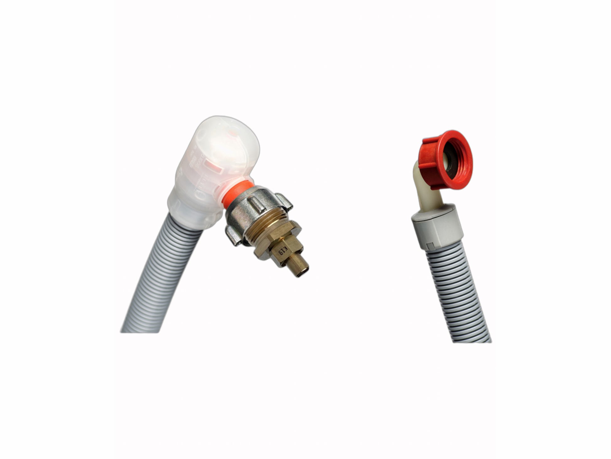 Flood Prevention Dishwasher Hose connections featuring a 3/4" MGHT x 3/8" straight pipe brass adapter on the inlet and a standard 3/4" FGHT outlet connection for normal/traditional installation.