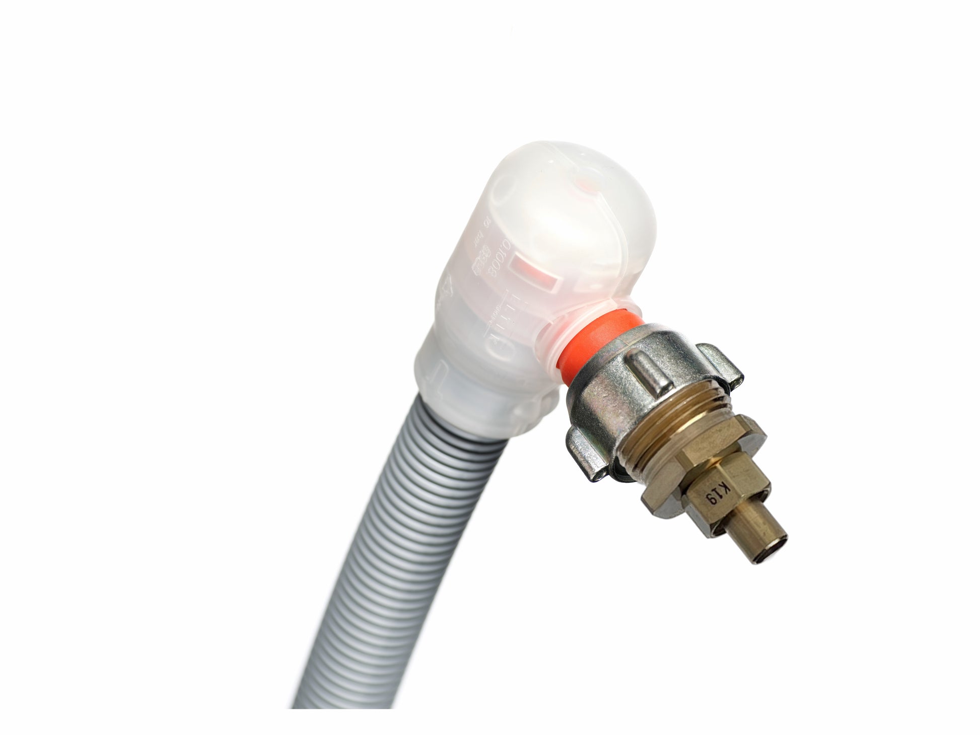 Dishwasher hose with stem pipe fitting for secure connection to the water supply shutoff valve. Designed for burst resistance, offering protection against floods and leaks