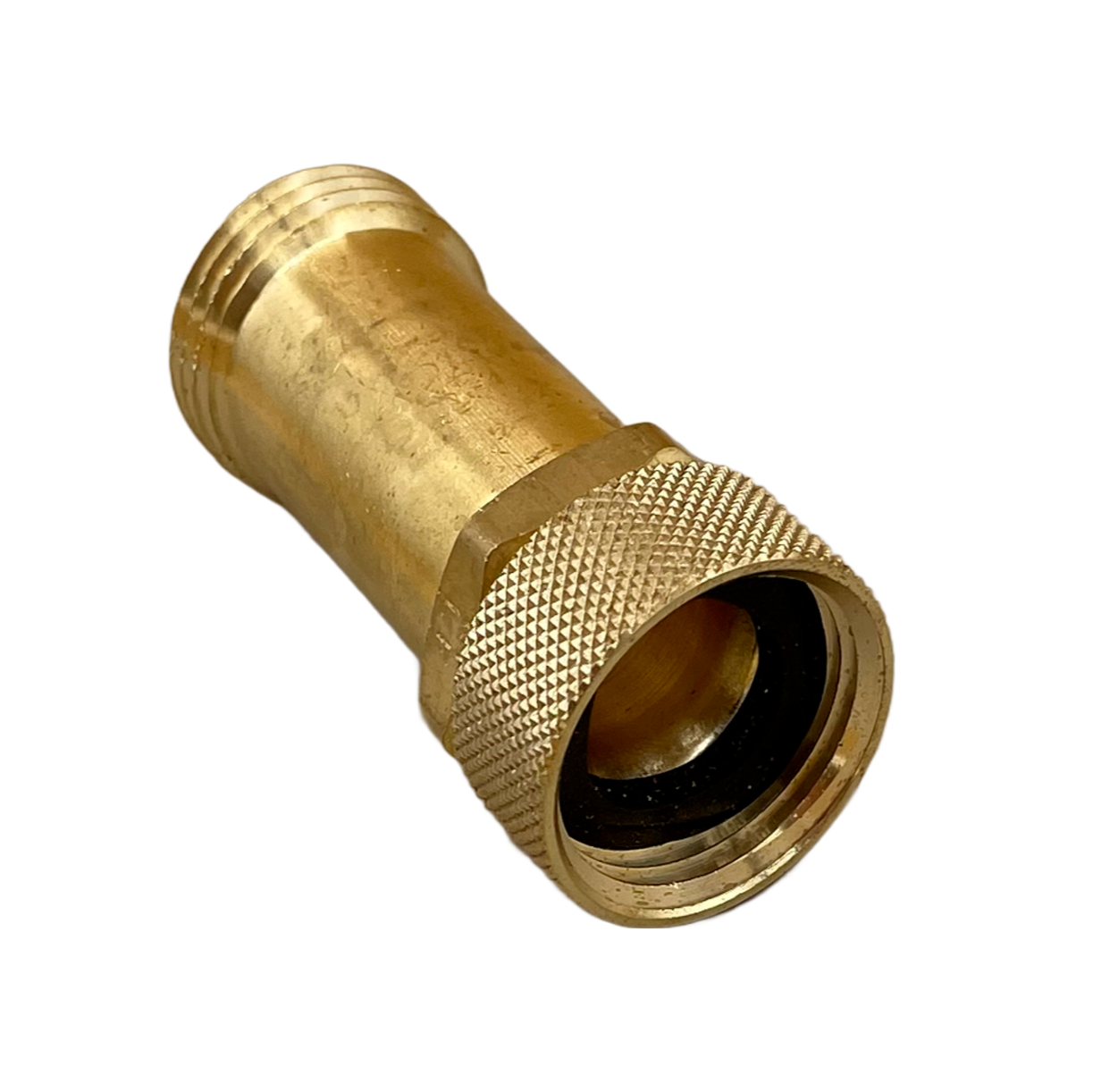 2.63" Long brass extension fitting with 3/4" inlet and outlet connections. Rubber washer and swivel connection. Side angle view.