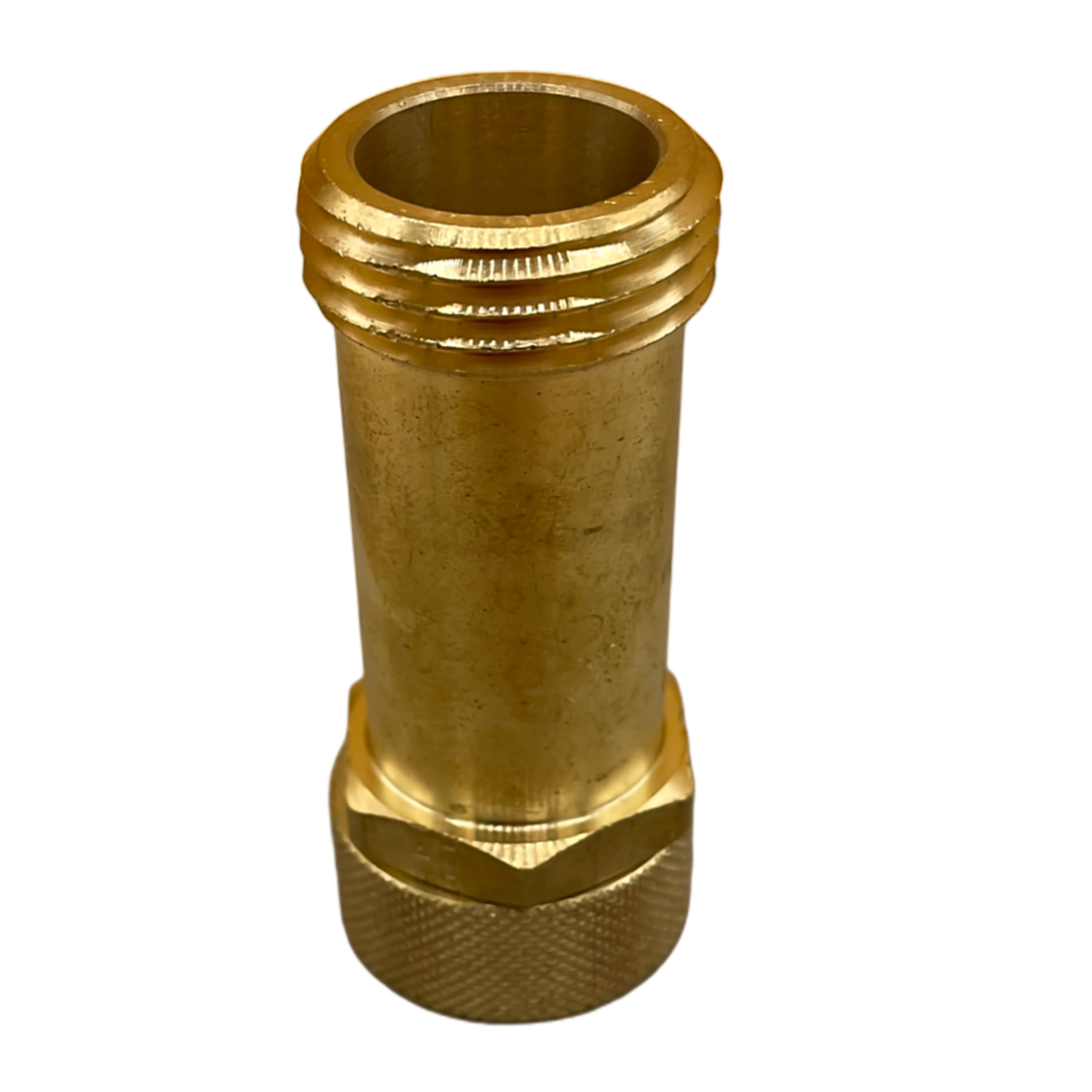 2.63" Long brass extension fitting with 3/4" inlet and outlet connection. Vertical view.