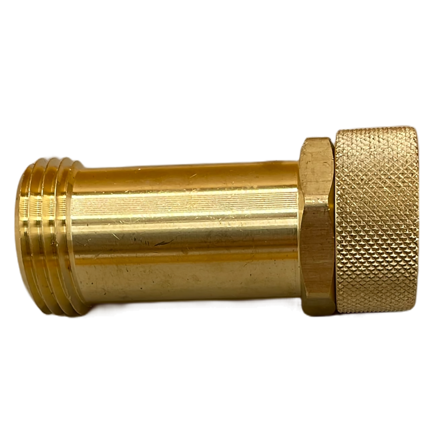 2.63" Long lead-free brass extension fitting with 3/4" inlet and outlet connections. One swivel connection. Plumbing extension piece. Side view.