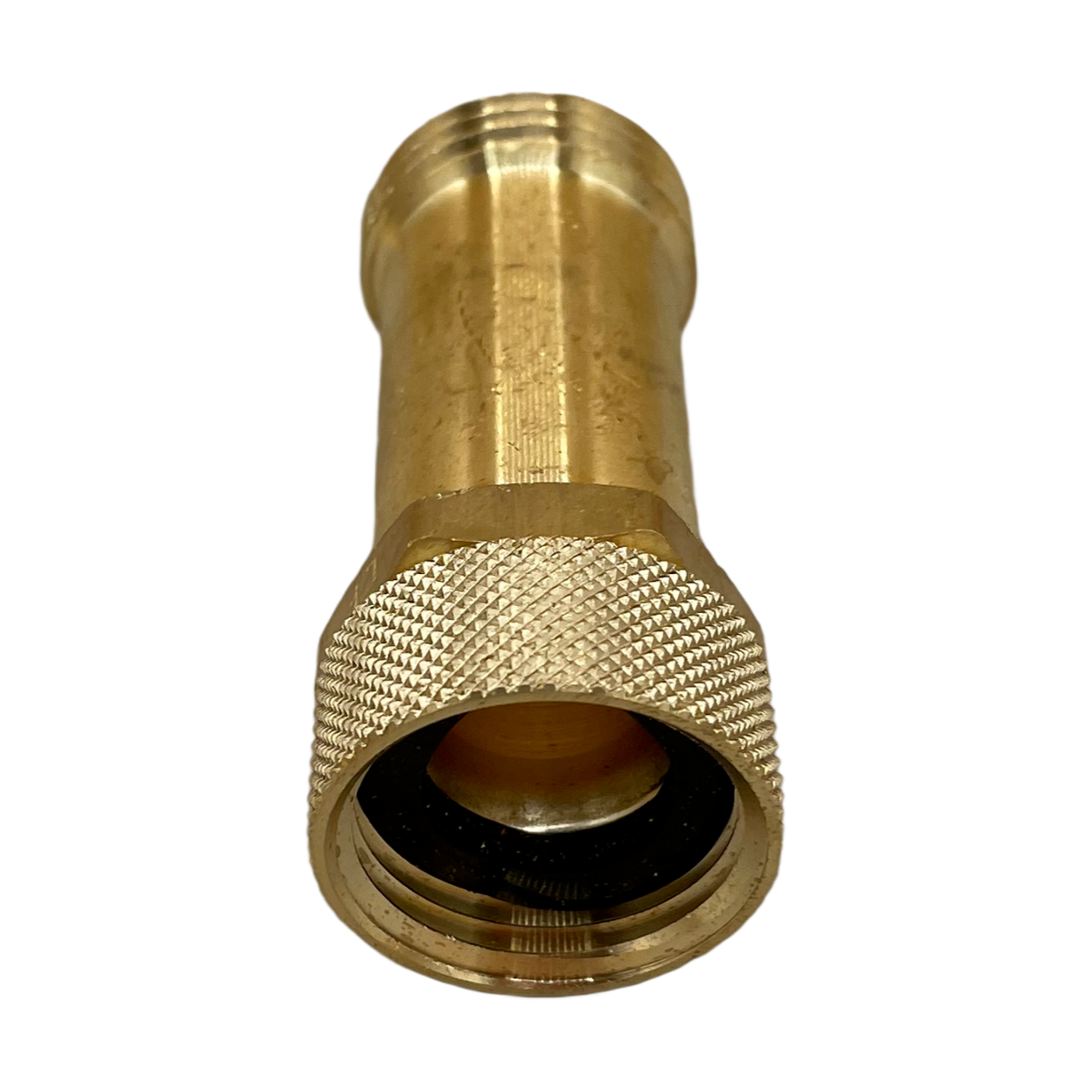 2.63" Long brass extension fitting with 3/4" female swivel inlet and 3/4" male outlet connection. Long lead-free brass adapter fitting. Top view. Specialty plumbing part.