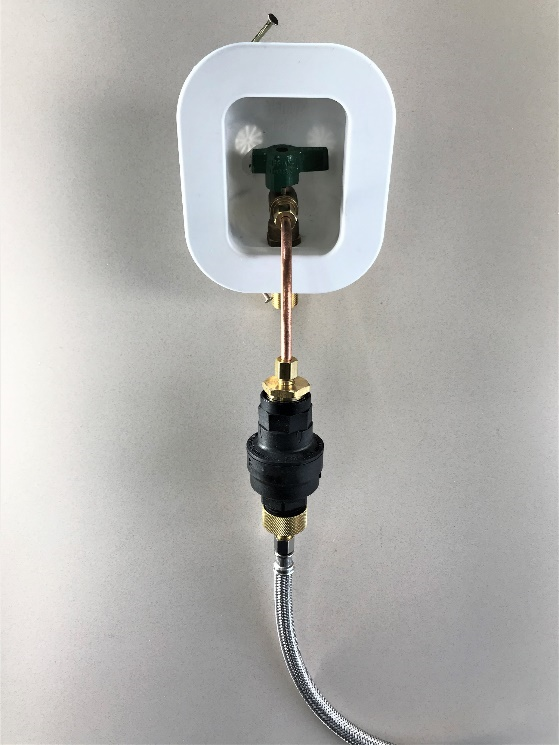 Water Block water leak shutoff device installed on a refrigerator water line and refrigerator outlet box. Will prevent water leaks from open valves or line ruptures.