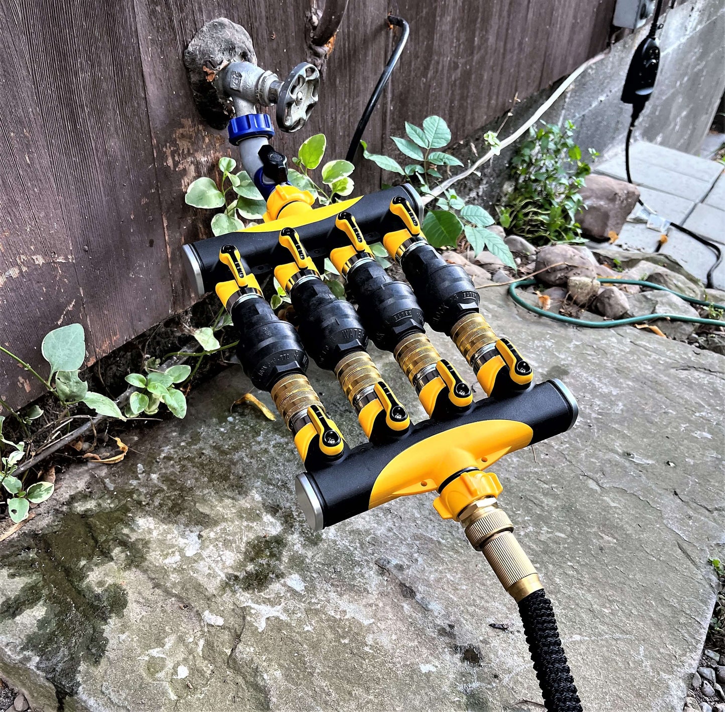 Water Block installed on an outdoor garden irrigation system. Acts as a automatic 55 gallon water shutoff contraction. Great for outdoor sprinklers and irrigation systems.