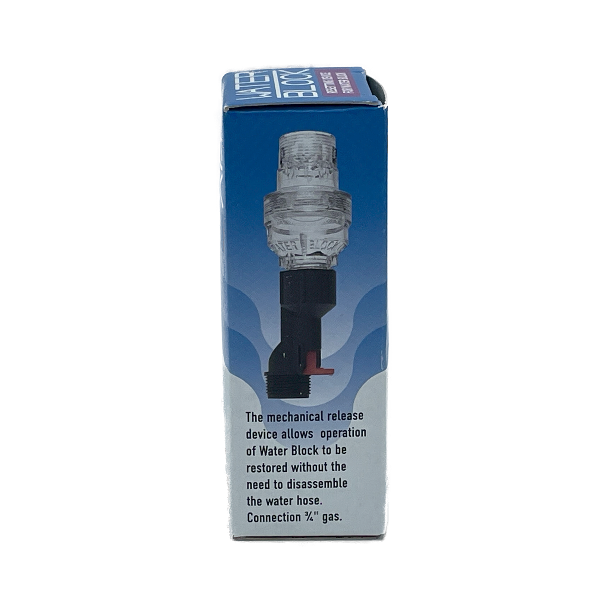 Water Block Reset Device box which says "the mechanical release device allows operation of Water Block to be restored without the need to disassemble the water hose."