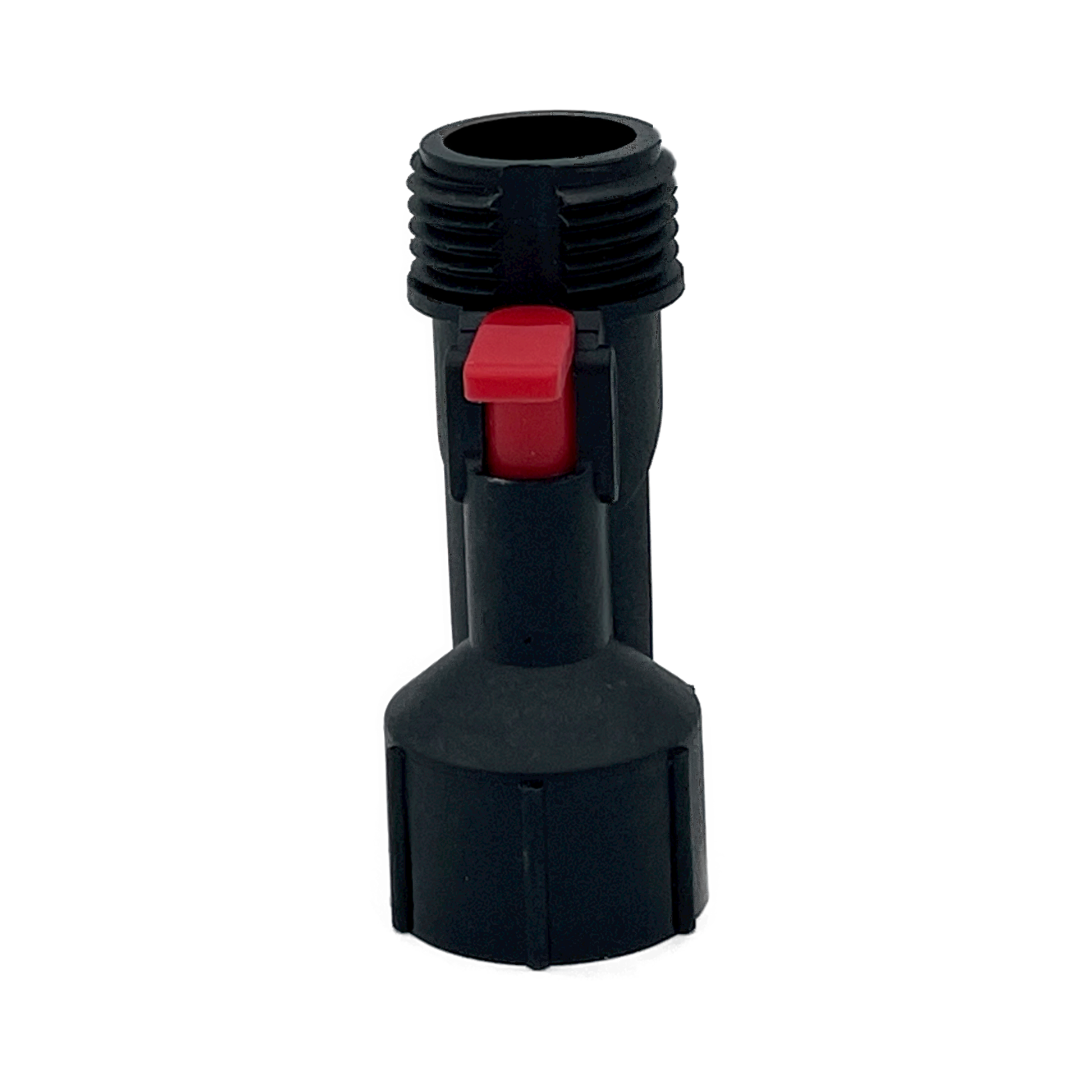 Black Water Block Reset Tool and red reset lever. Connects to the downstream side of the Water Block. Device makes it easy to resume water flow if the Water Block shutoff activates and stops water.