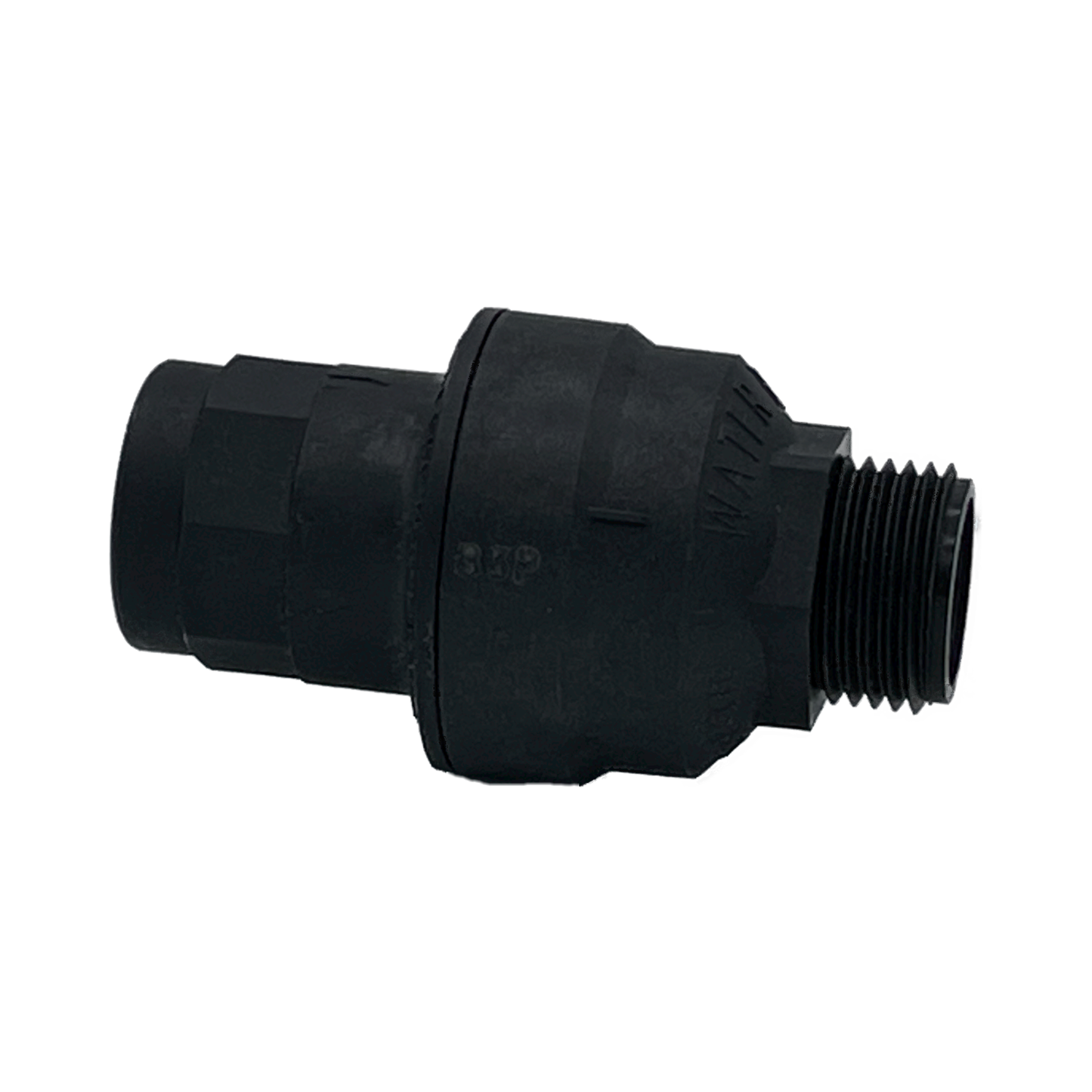 Water Block in the horizontal position. Water enters through the female receptacle end and exits through the male insert end. 3/4" threaded connection to adapt to most water appliance and applications. Brass fittings can easily adapt to the threads and connect to a reduced water line diameter size.