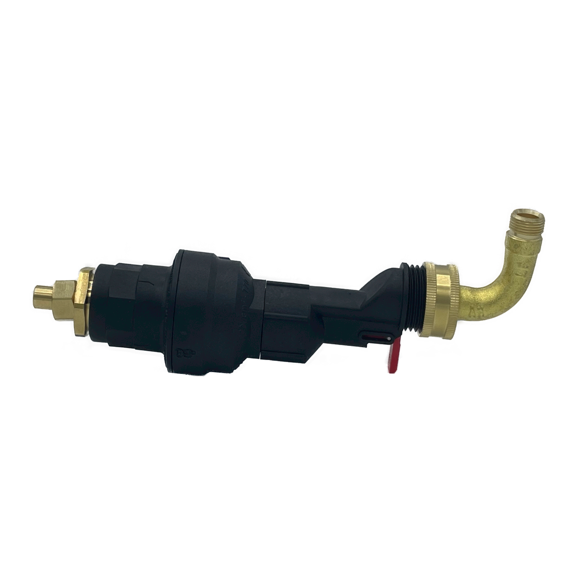 Water Block toilet shutoff kit for toilets. Installs in the vertical orientation on a toilet.  This kit has a Water Block, Water Block Reset Device, Stem Pipe Fitting, 3/8" Dishwasher Elbow, Brass Nut, and Compression Sleeve. Fittings are brass and lead free.