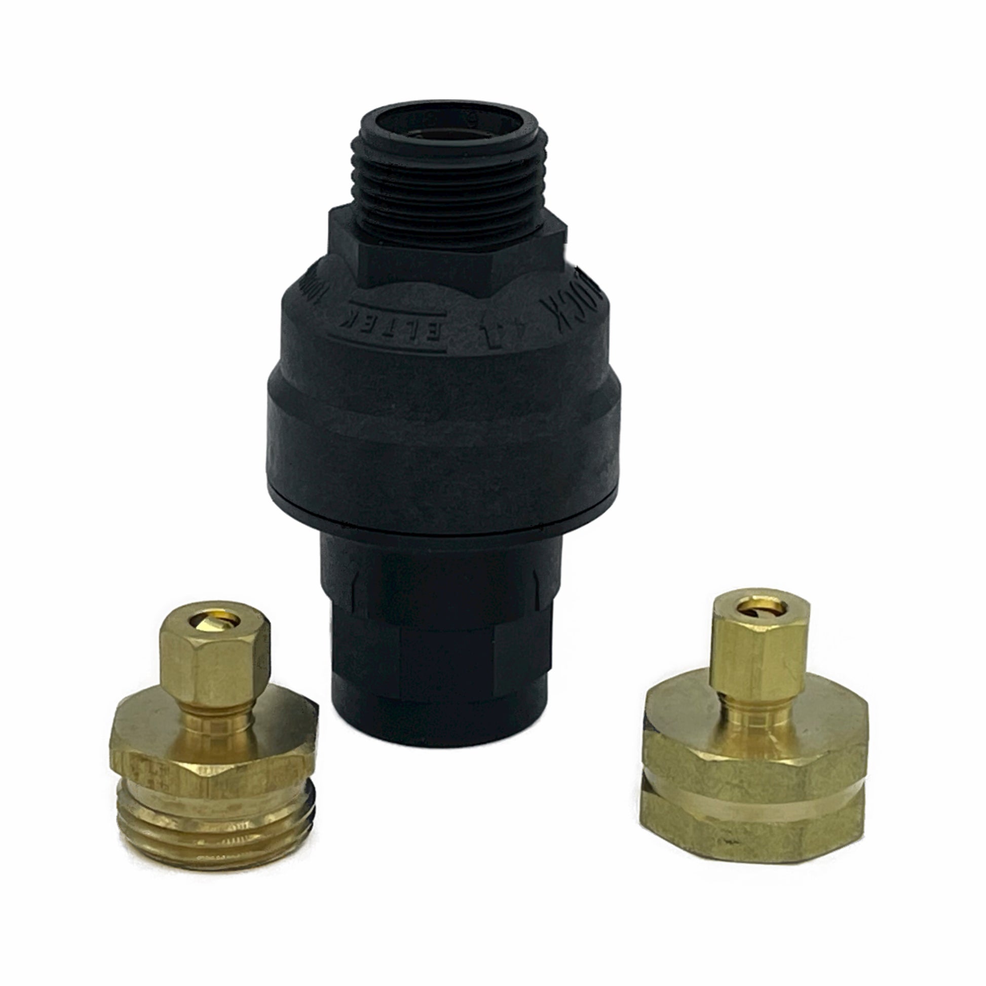 A picture of the Water Block and the 1/4" water supply line fittings. The Water Block is an automatic mechanical device that protects your home from water damage caused by leaks and floods. It adapts directly to 1/4" connections and 1/4" water supply lines.