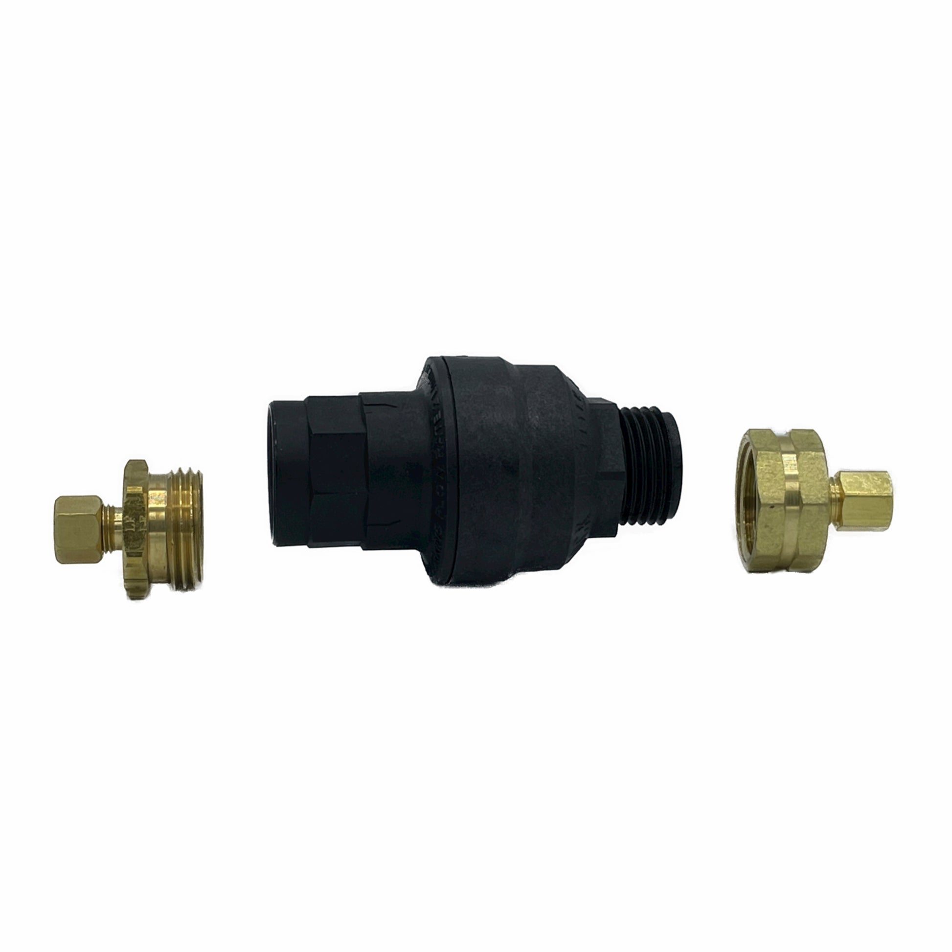 3/8" Water Block shutoff kit. 3/8" brass fittings and Water Block water stop device. 3/8" Compression x 3/4" MGHT brass fitting, 3/8" Compression x 3/4" FGHT brass fitting, & Water Block. Prevents catastrophic flood events from stuck valves, disconnects, line bursts, and more.
