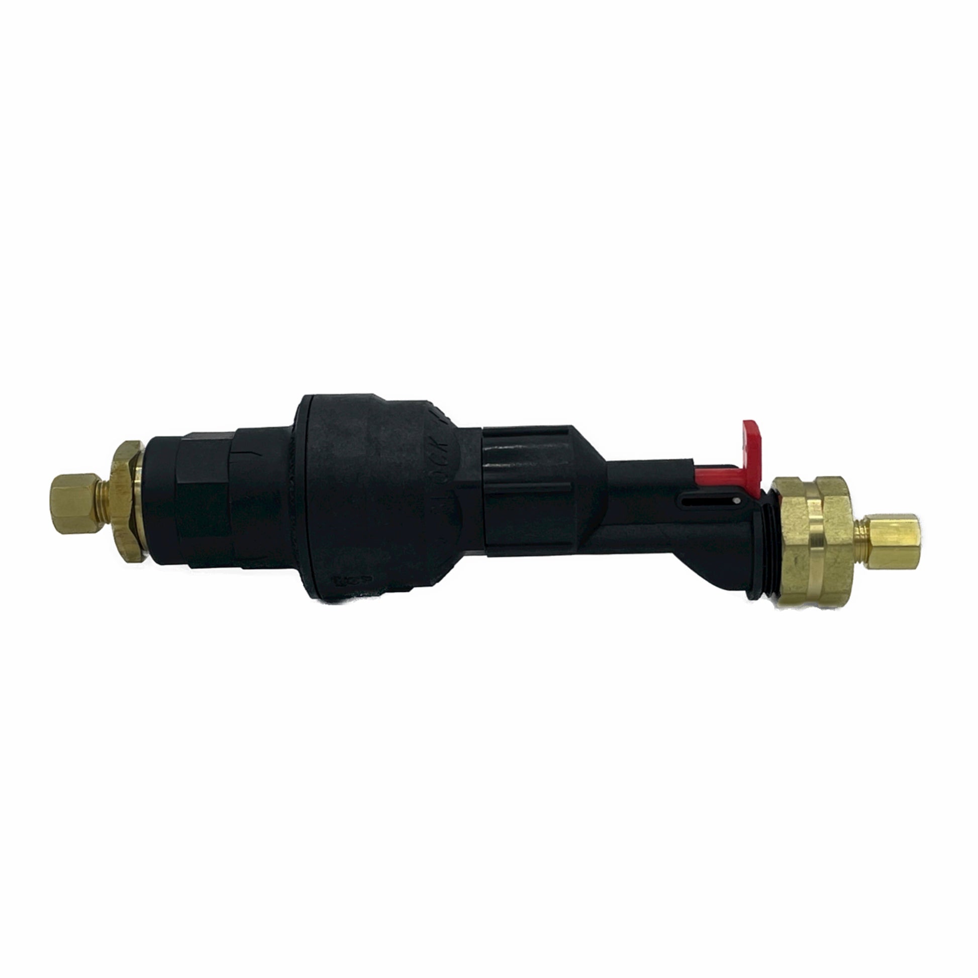 3/8" water supply line shutoff device. 3/8" male inlet fitting, Water Block shutoff valve, Water Block Reset device, and 3/8" female outlet fitting. Easily installs onto the water supply line.