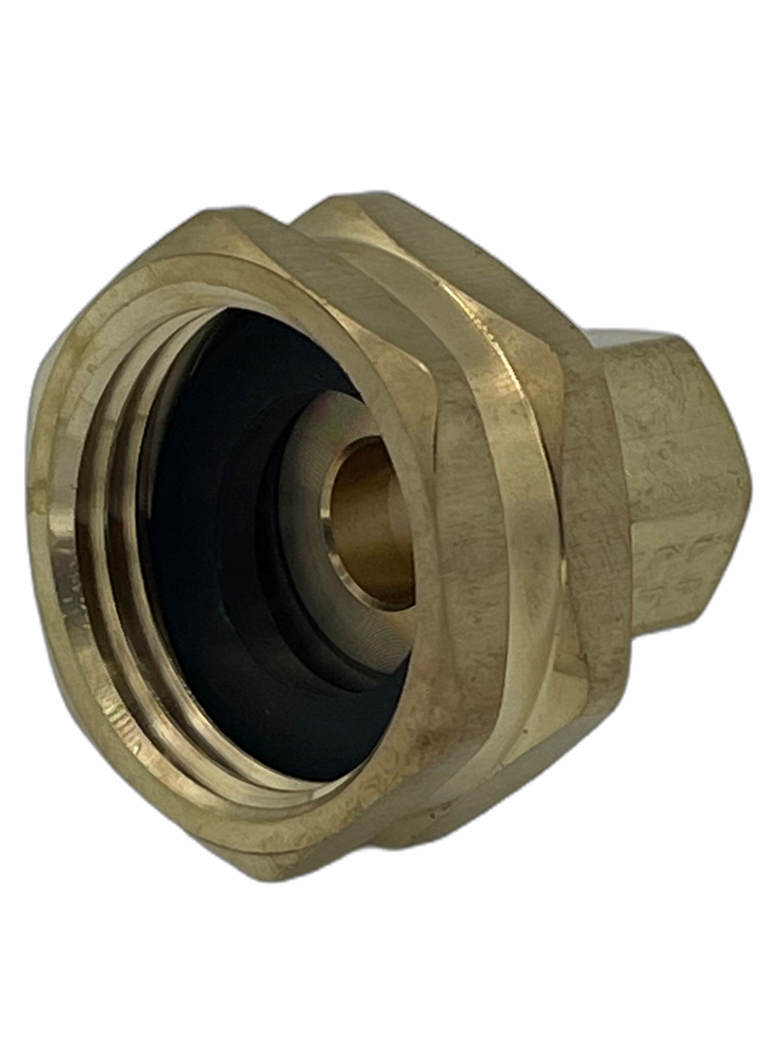 1/4" Compression x 3/4" Female Garden Hose Thread brass adapter fitting for plumbing connections. Side-inside view. Lead free brass. 