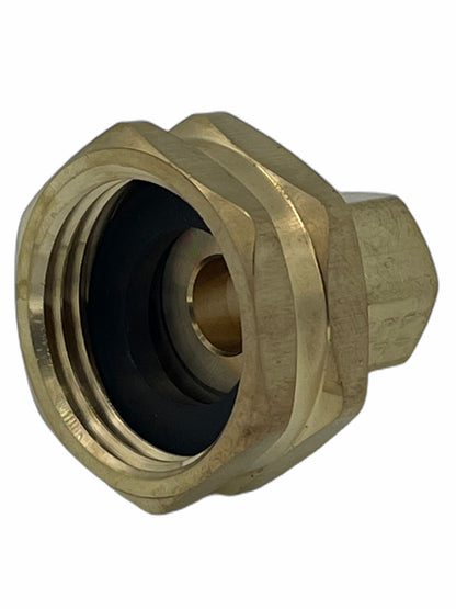 1/4" Compression x 3/4" Female Garden Hose Thread brass adapter fitting for plumbing connections. Side-inside view. Lead free brass. 