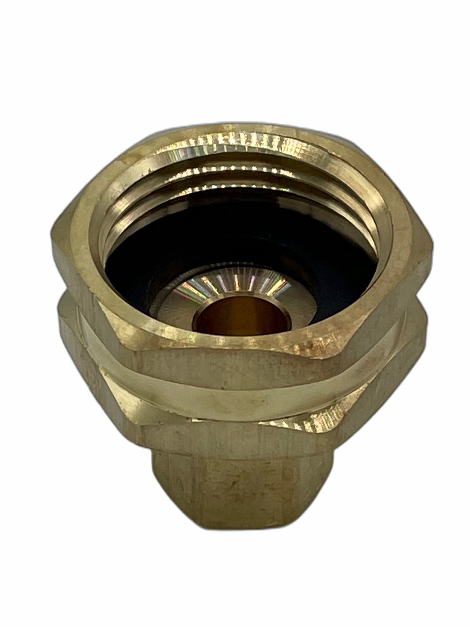 1/4" Compression x 3/4" FGHT brass adapter fitting for plumbing connections. Inside view.