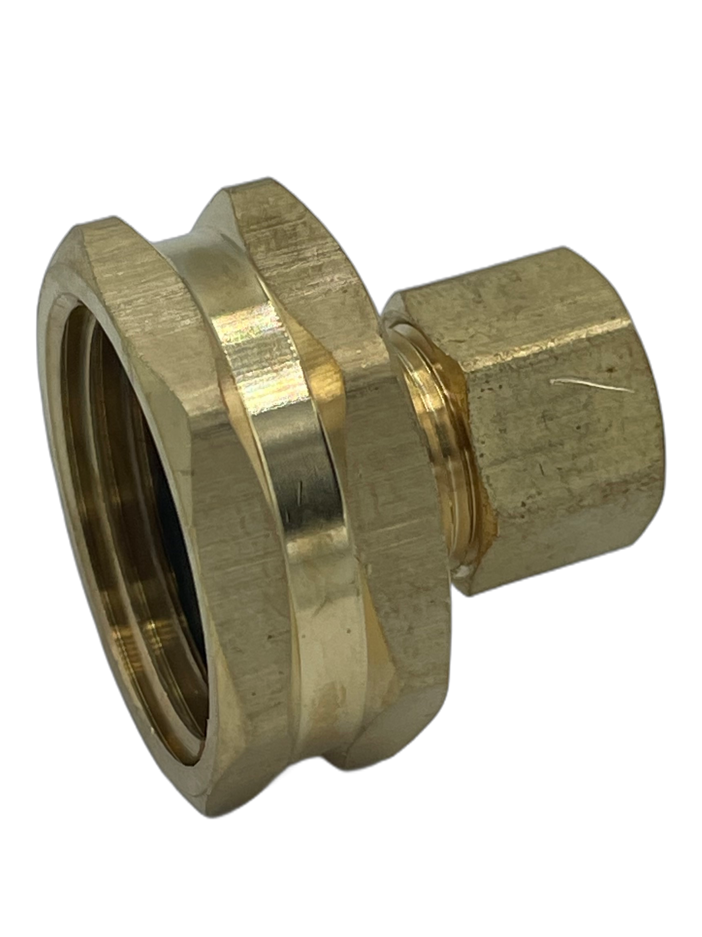1/4" Compression x 3/4" FGHT brass adapter fitting for plumbing connections. Side view.
