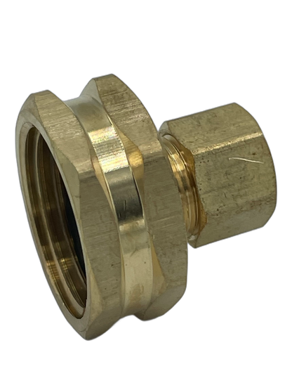 1/4" Compression x 3/4" FGHT brass adapter fitting for plumbing connections. Side view.