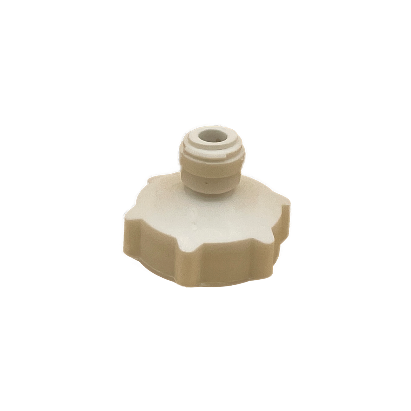 1/4" Quick connect by 3/4" garden hose thread specialty plumbing fitting. White, hard molded plastic, and brass threading. For plumbing applications using 1/4" supply lines or tubing. Push fit technology for quick and easy connections.  