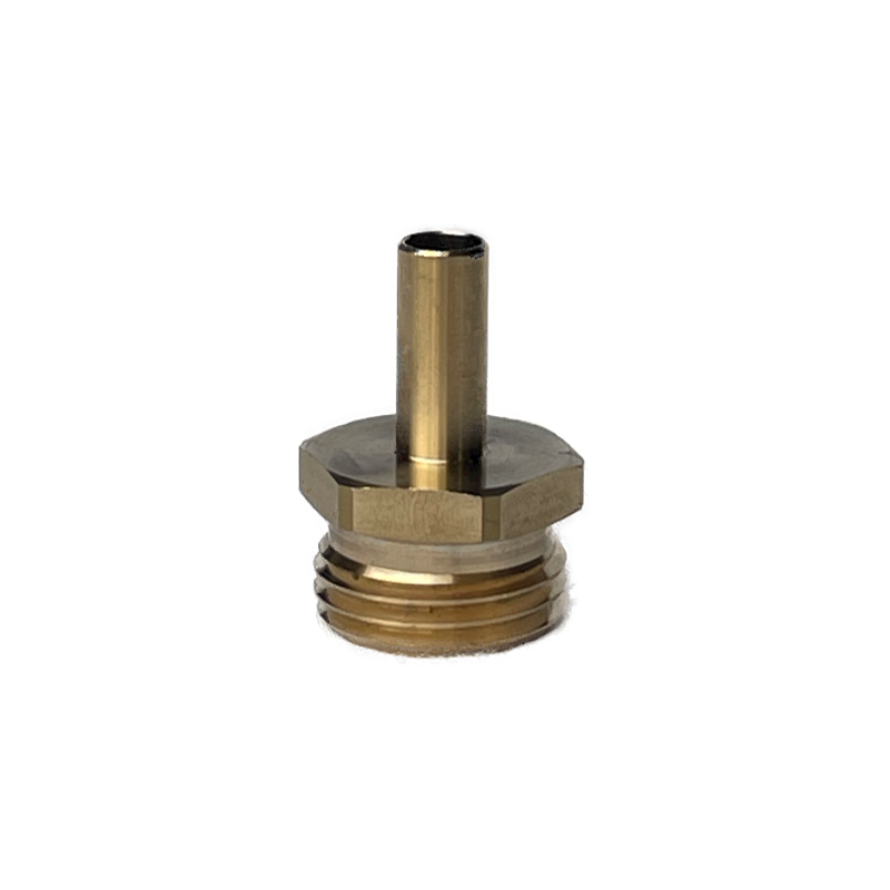 This is a brass fitting that is used to connect two pipes of different sizes. The fitting has a 3/8" straight pipe male on one end and a 3/4" male GHT on the other end. This fitting is commonly used in plumbing applications.