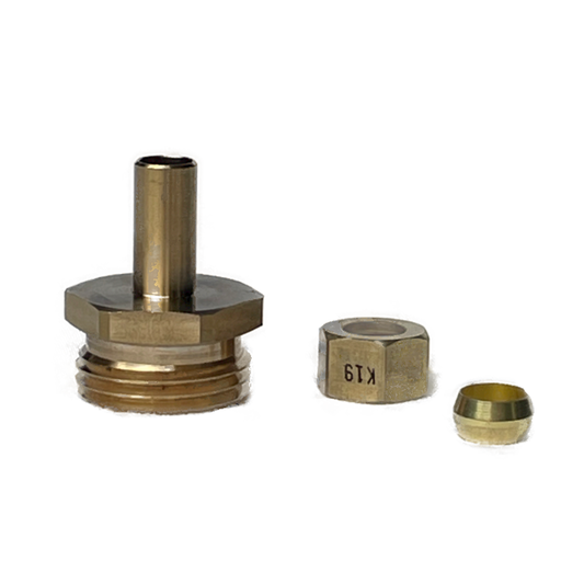 A 3/8" straight pipe male to 3/4" male GHT brass fitting, a 3/8" compression nut, and 3/8" ferrule. This fitting is used to connect two pieces of pipe together. The brass material is corrosion-resistant and durable. The compression nut and ferrule ensure a secure connection.