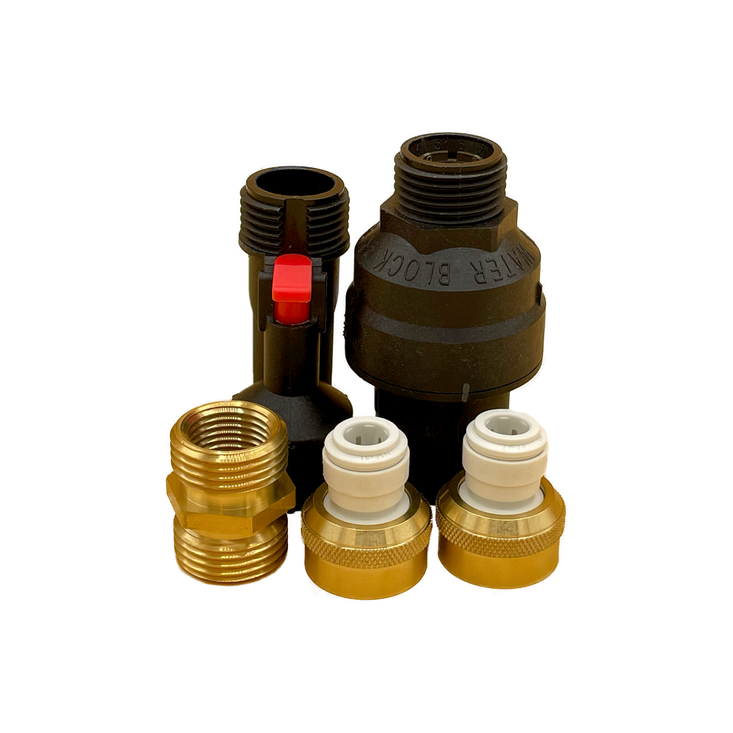 3/8" Water leak shutoff & flood prevention kit. Water Block, Reset Device, & 3/8" brass fittings. Specialty connection plumbing parts. 