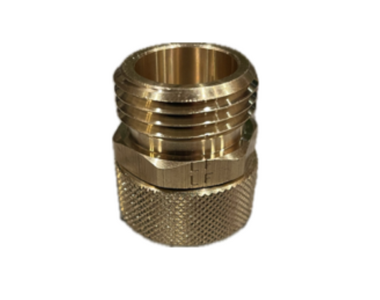 Brass swivel extender fitting. 3/4" Male garden hose threads on one end. 3/4" Female garden hose threads on the other end. Brass construction.