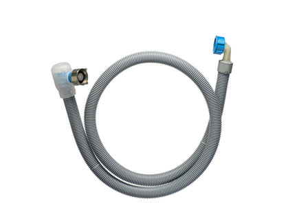 Cold water supply hose. Prevents floods. Dual hose construction and automatic water supply shutoff device integrated into the upstream head of the hose. Connects to dishwashers and is low cost. 