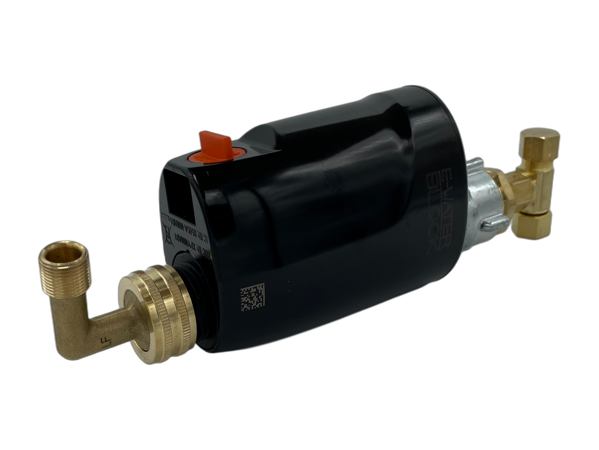 E-WaterBlock with brass fittings for horizontal toilet installation. Smart electronic water monitoring device for detecting and preventing toilet leaks.