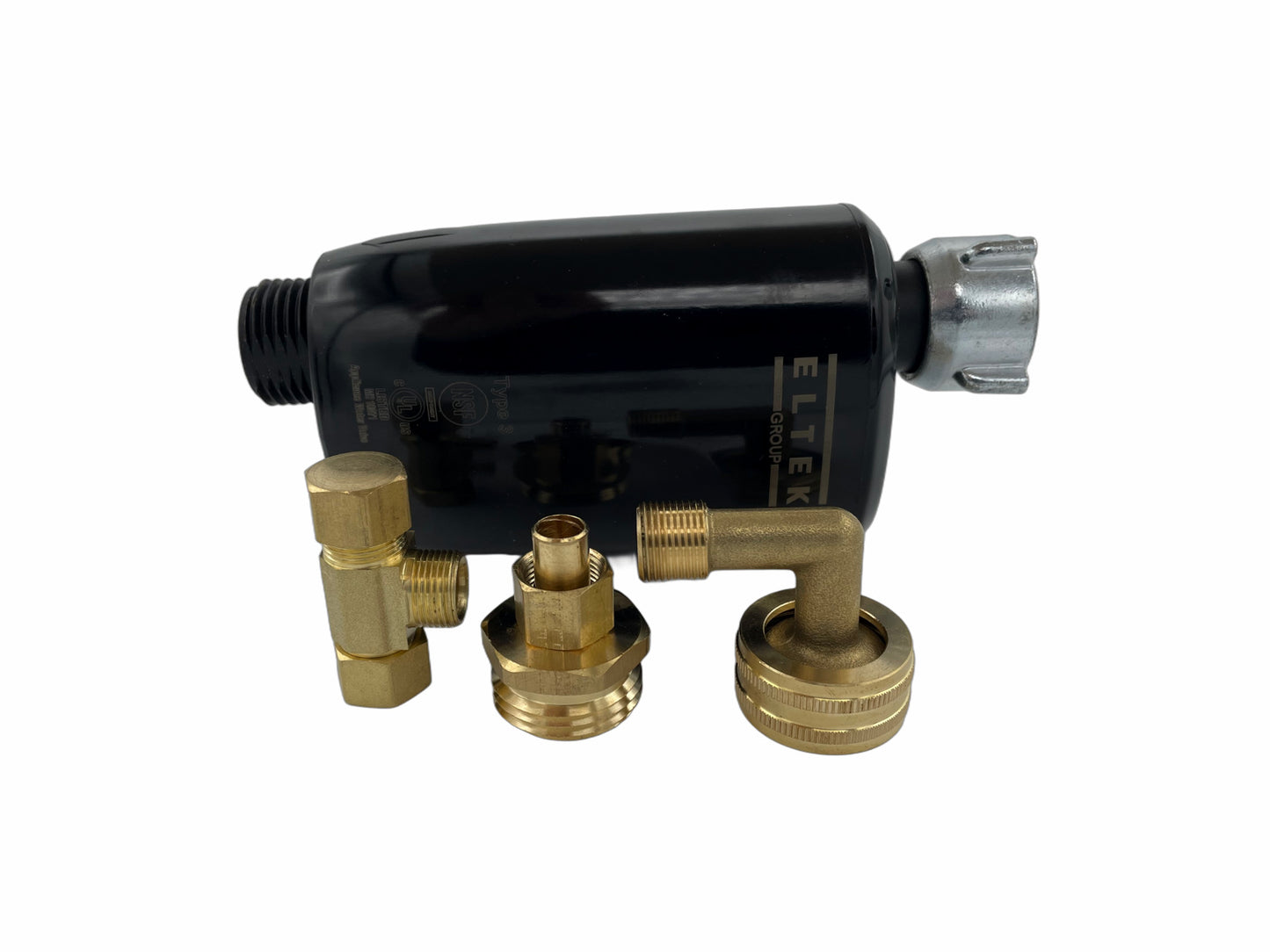 E-WaterBlock Toilet Shutoff Kit for Horizontal Installations. E-WaterBlock, Tee Adapter, Elbow Fitting, Stem Adapter Fitting, and Brass Cap.