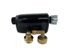 E-WaterBlock device with 3/8" stem pipe brass adapter fitting, and brass 3/8" dishwasher elbow.